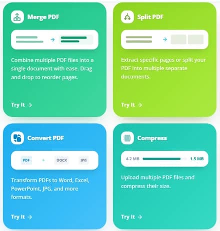 The PDF Pivot toolkit — colour-coded cards for Merge, Split, Convert and Compress, each with a preview of the operation.